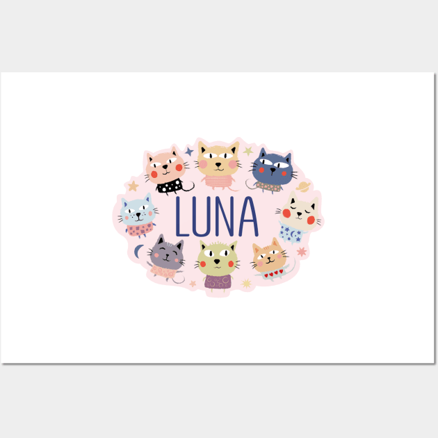 Luna name with cartoon cats Wall Art by WildMeART